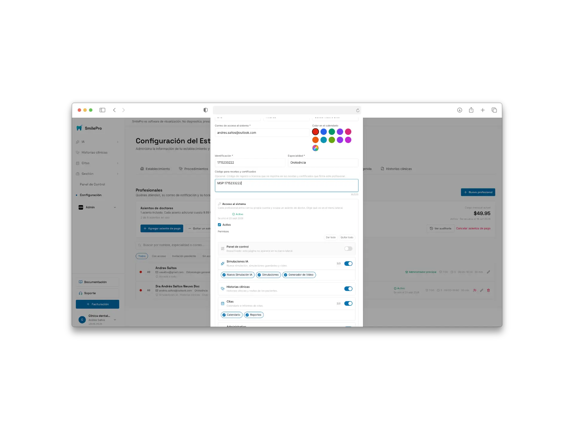 Settings → Professionals, new professional form with the System access section open.