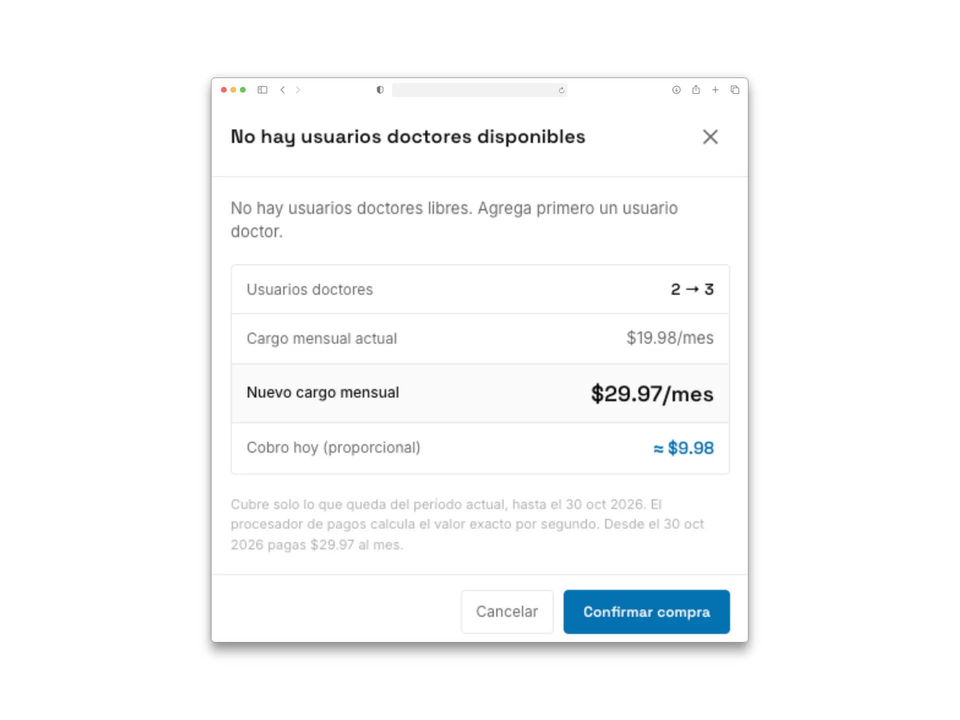 Confirmation dialog for adding doctor users, showing the prorated charge for today.