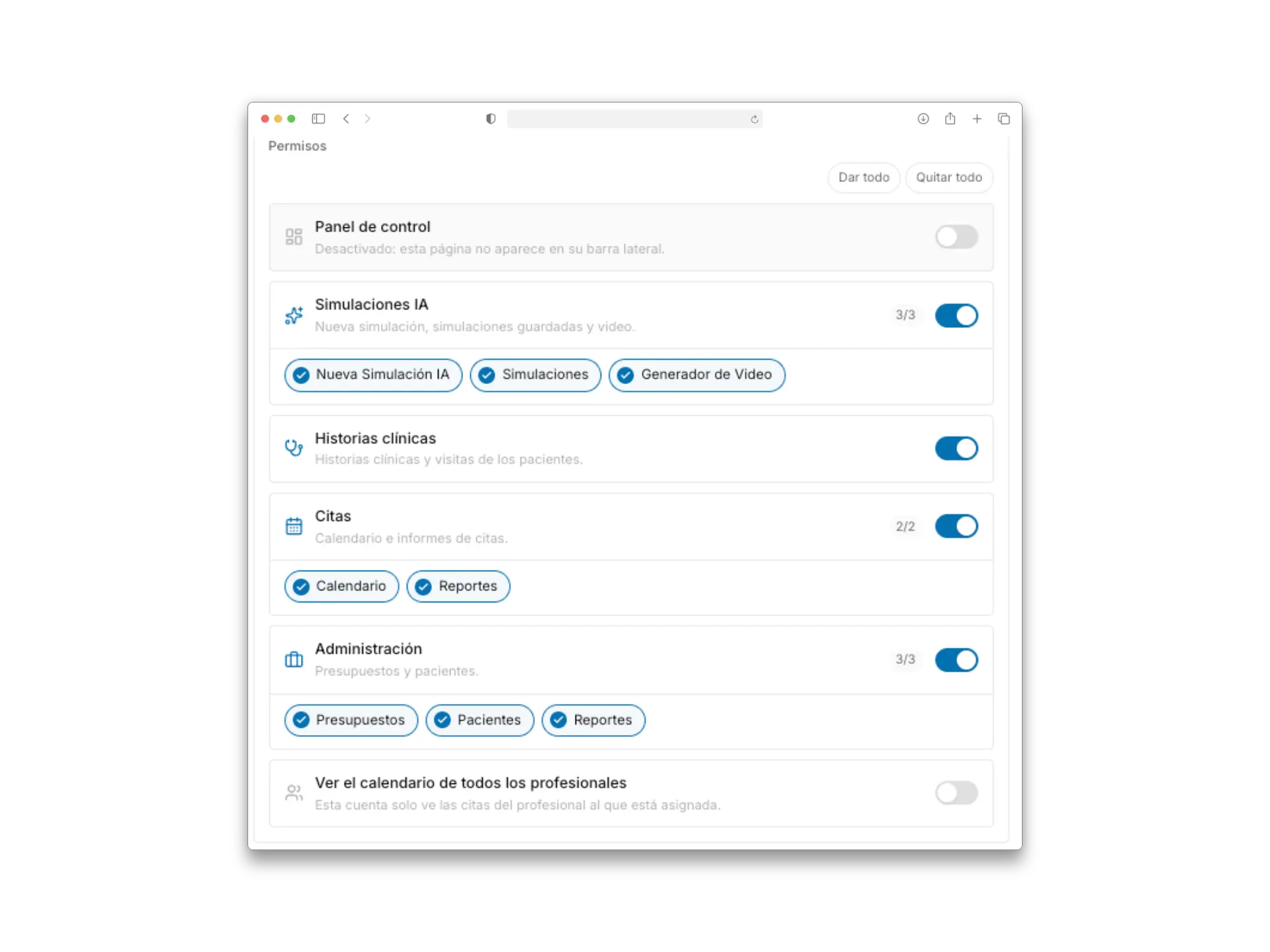 The professional form with the System access section: active switch, permissions and the send-invitation option.