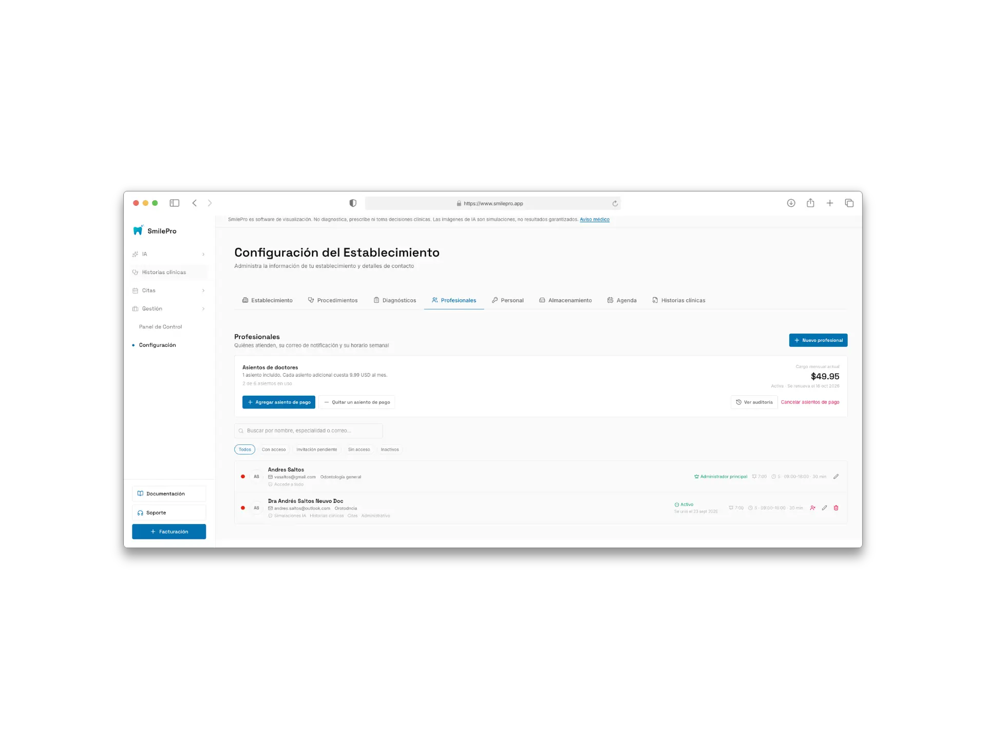 Settings → Professionals: the doctor users card on top and the list with each professional’s access state.