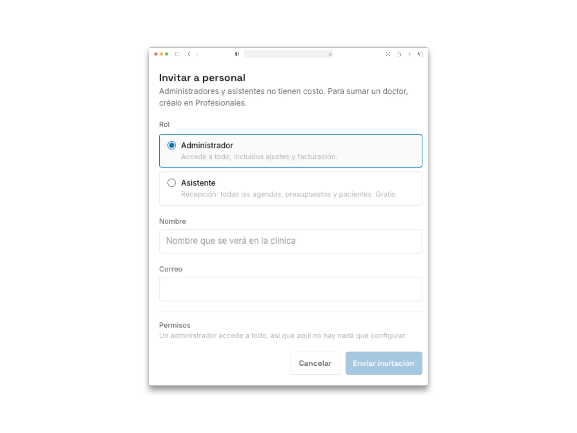 Settings → Staff with the invite form for an administrator or assistant.